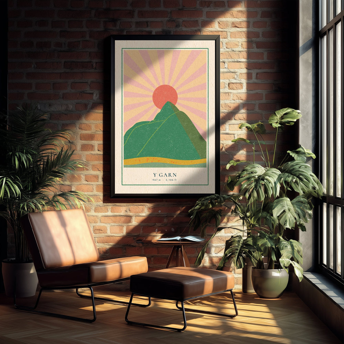 Y Garn Art Print - Pink Sunburst Mountain Poster - Eryri Retro Linocut Illustration V1 3/3