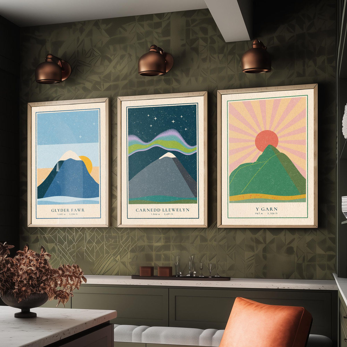 Eryri Mountain Set of Three Art Prints - Glyder Fawr, Carnedd Llewelyn, Y Garn - Linocut Style Poster Illustration V1