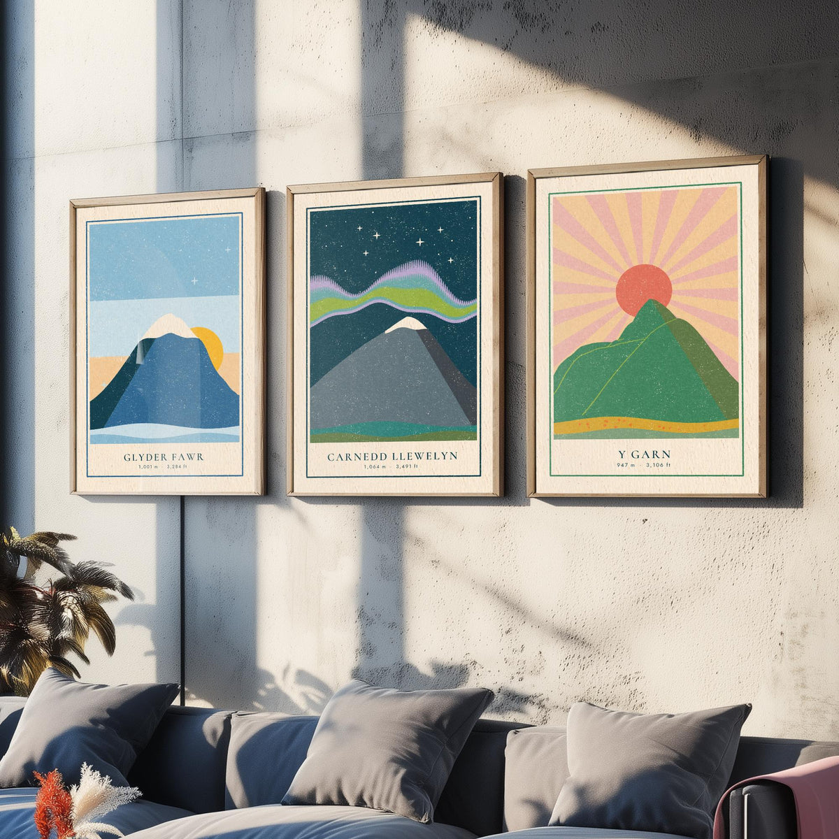Eryri Mountain Set of Three Art Prints - Glyder Fawr, Carnedd Llewelyn, Y Garn - Linocut Style Poster Illustration V1
