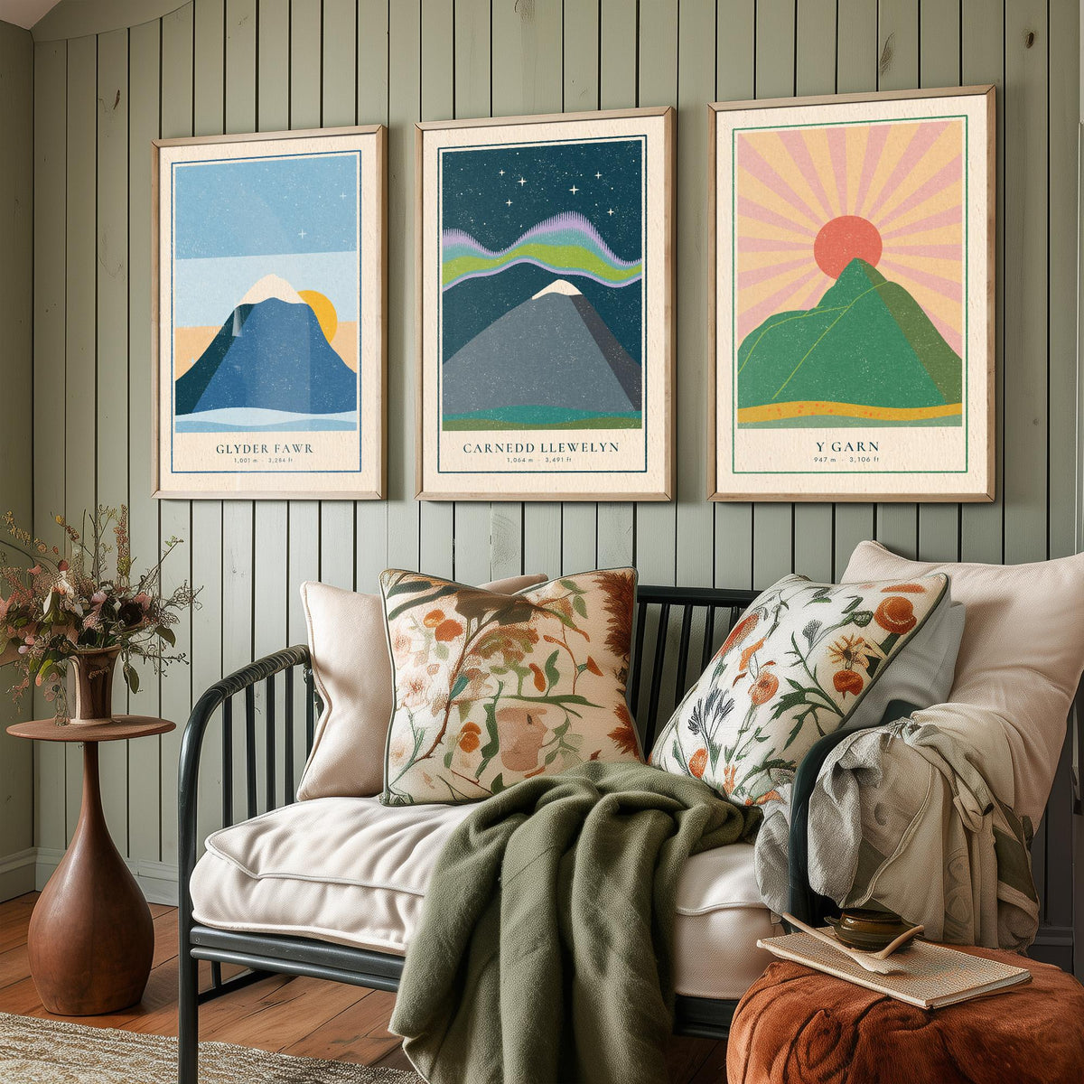 Eryri Mountain Set of Three Art Prints - Glyder Fawr, Carnedd Llewelyn, Y Garn - Linocut Style Poster Illustration V1