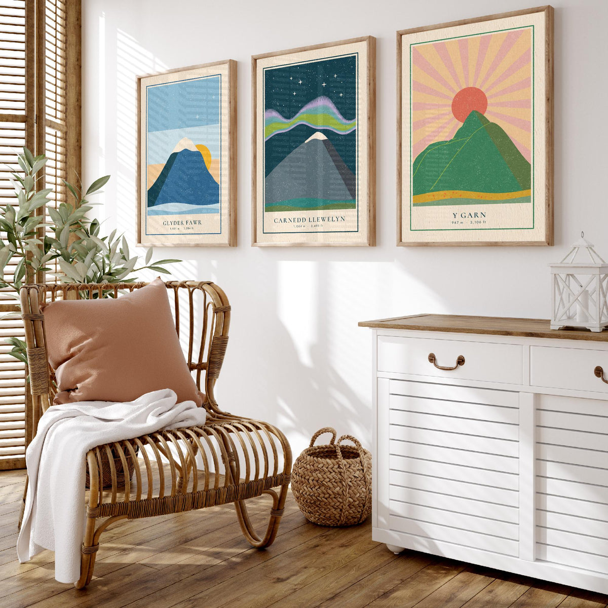 Eryri Mountain Set of Three Art Prints - Glyder Fawr, Carnedd Llewelyn, Y Garn - Linocut Style Poster Illustration V1
