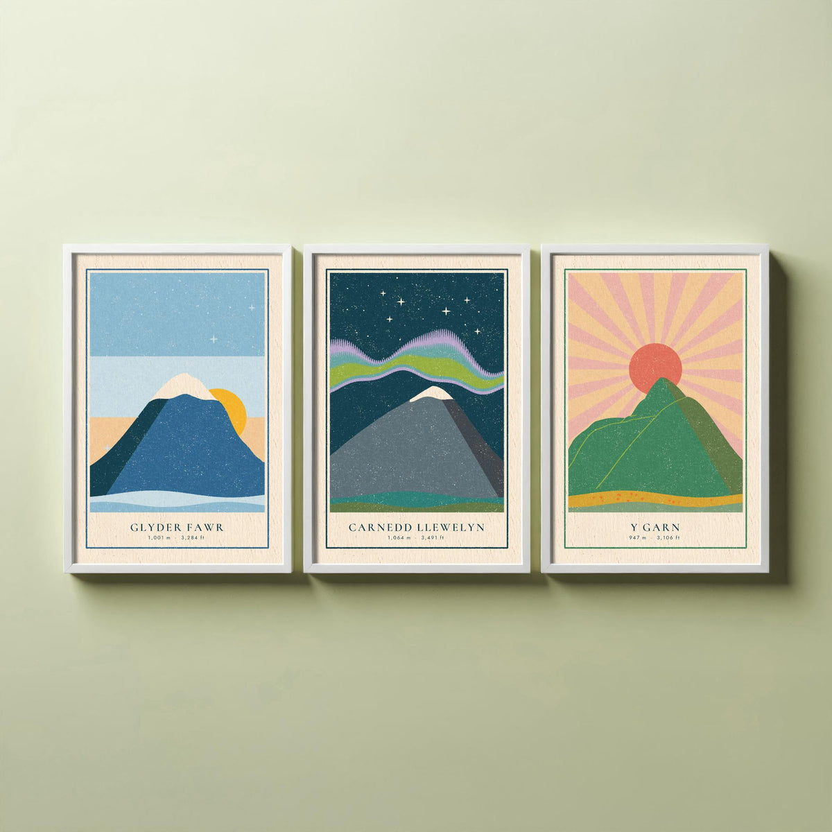 Eryri Mountain Set of Three Art Prints - Glyder Fawr, Carnedd Llewelyn, Y Garn - Linocut Style Poster Illustration V1