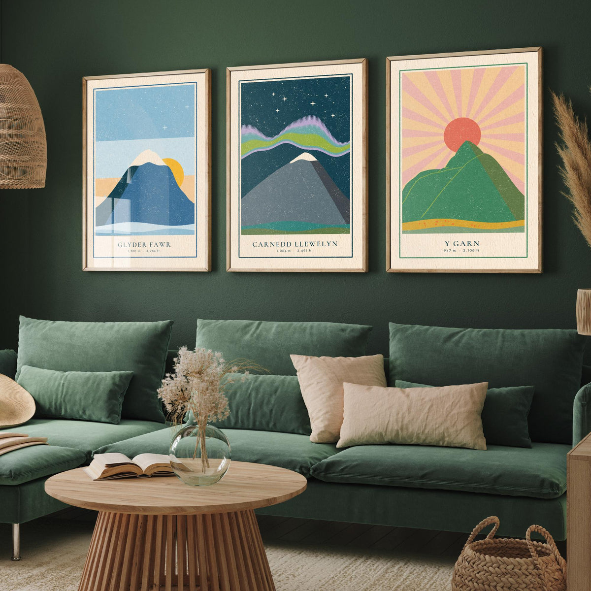 Eryri Mountain Set of Three Art Prints - Glyder Fawr, Carnedd Llewelyn, Y Garn - Linocut Style Poster Illustration V1