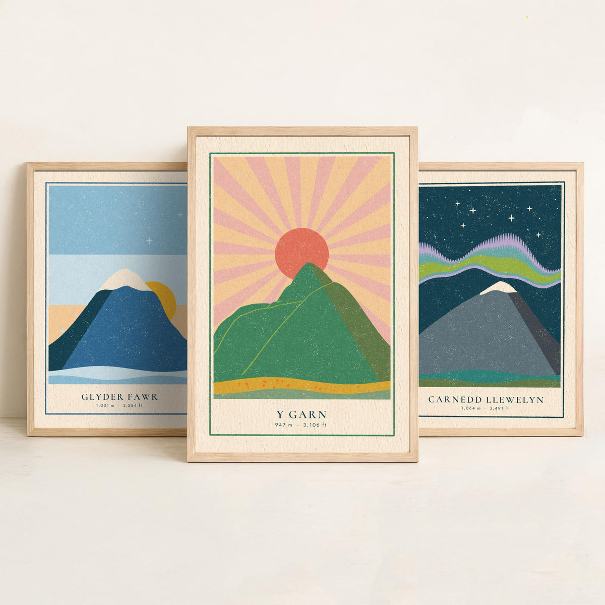 Eryri Mountain Set of Three Art Prints - Glyder Fawr, Carnedd Llewelyn, Y Garn - Linocut Style Poster Illustration V1