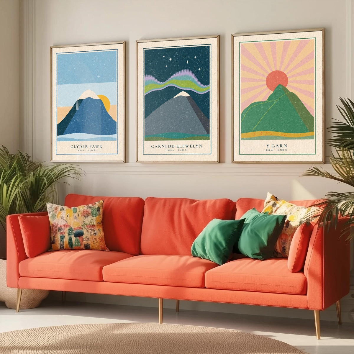 Eryri Mountain Set of Three Art Prints - Glyder Fawr, Carnedd Llewelyn, Y Garn - Linocut Style Poster Illustration V1