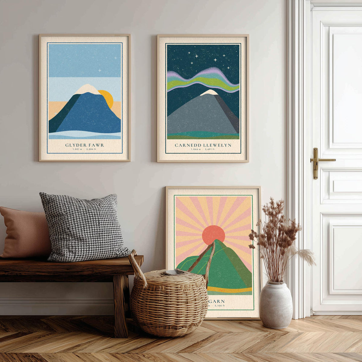 Eryri Mountain Set of Three Art Prints - Glyder Fawr, Carnedd Llewelyn, Y Garn - Linocut Style Poster Illustration V1