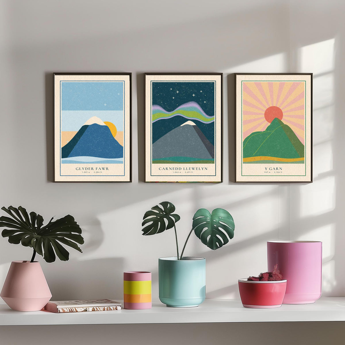 Eryri Mountain Set of Three Art Prints - Glyder Fawr, Carnedd Llewelyn, Y Garn - Linocut Style Poster Illustration V1