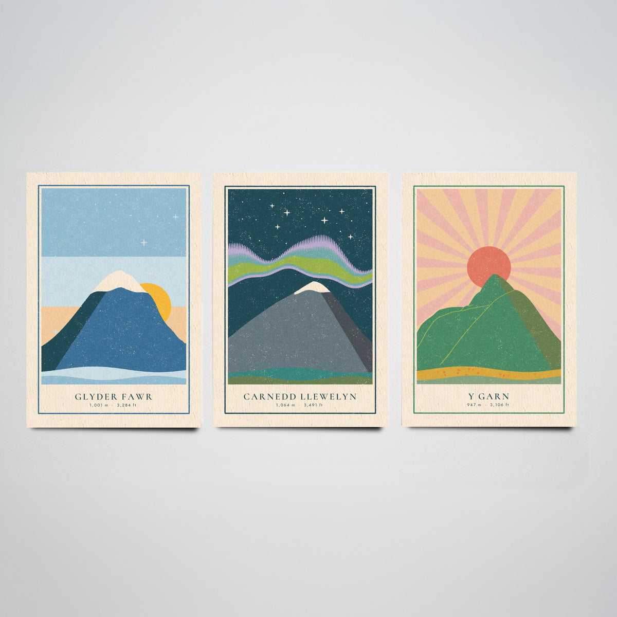 Eryri Mountain Set of Three Art Prints - Glyder Fawr, Carnedd Llewelyn, Y Garn - Linocut Style Poster Illustration V1