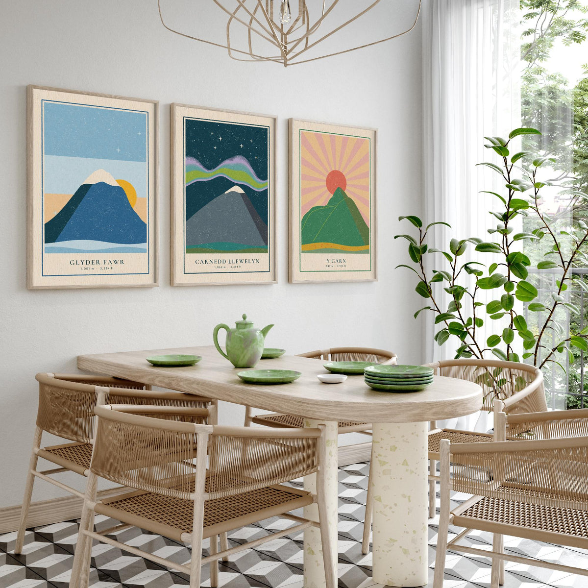 Eryri Mountain Set of Three Art Prints - Glyder Fawr, Carnedd Llewelyn, Y Garn - Linocut Style Poster Illustration V1
