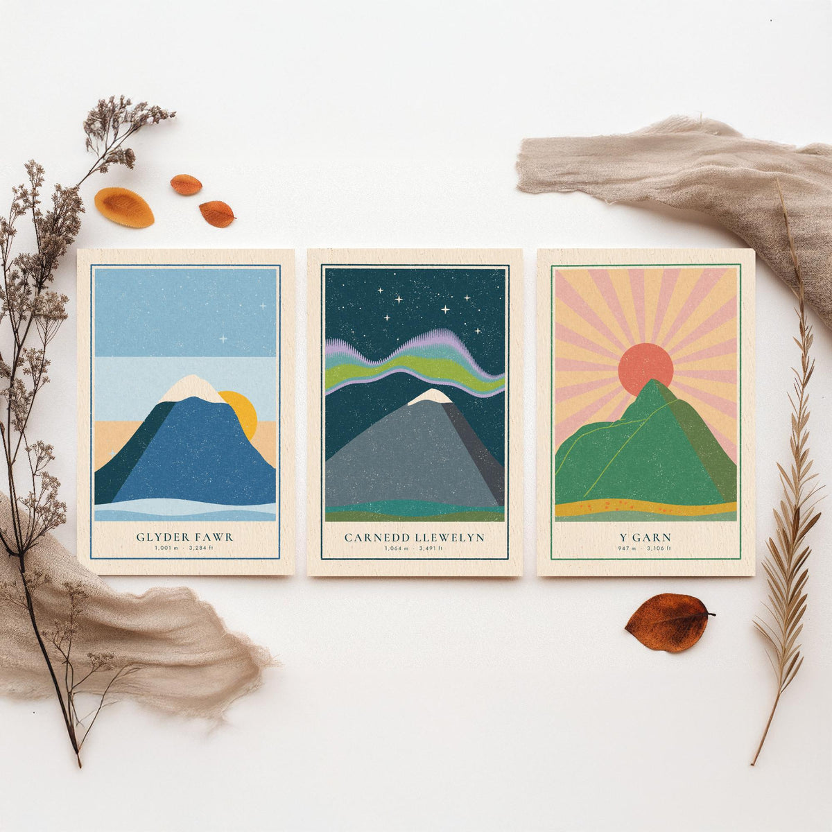 Eryri Mountain Set of Three Art Prints - Glyder Fawr, Carnedd Llewelyn, Y Garn - Linocut Style Poster Illustration V1