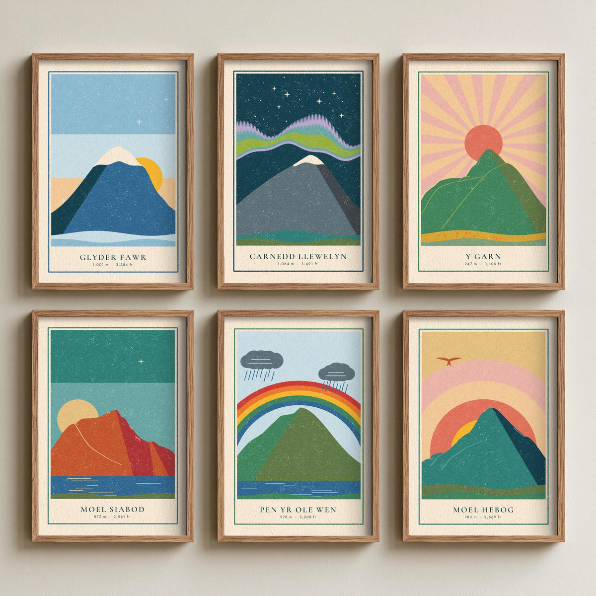 Set of Six Eryri Mountain Art Prints - 6 Welsh Linocut Illustration Posters - Glyder Fawr, Carnedd Llewelyn, Y Garn, Moel Siabod, Moel Hebog