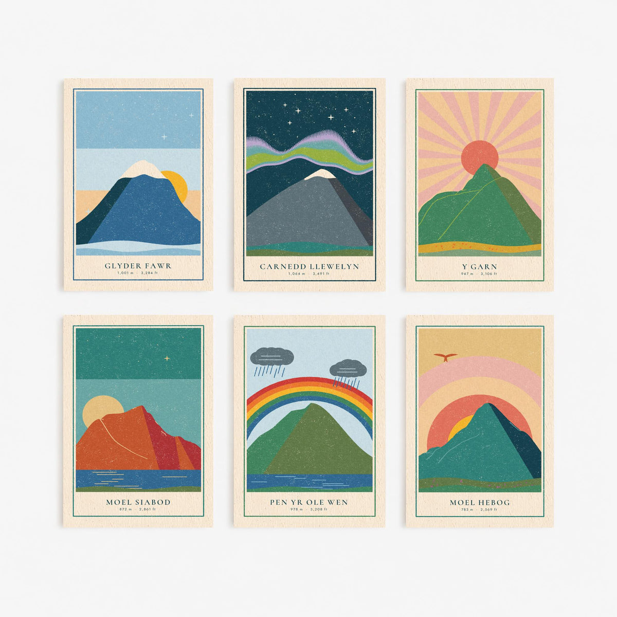 Set of Six Eryri Mountain Art Prints - 6 Welsh Linocut Illustration Posters - Glyder Fawr, Carnedd Llewelyn, Y Garn, Moel Siabod, Moel Hebog