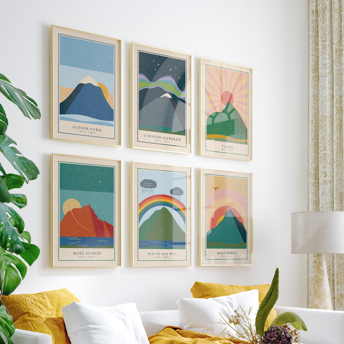 Set of Six Eryri Mountain Art Prints - 6 Welsh Linocut Illustration Posters - Glyder Fawr, Carnedd Llewelyn, Y Garn, Moel Siabod, Moel Hebog