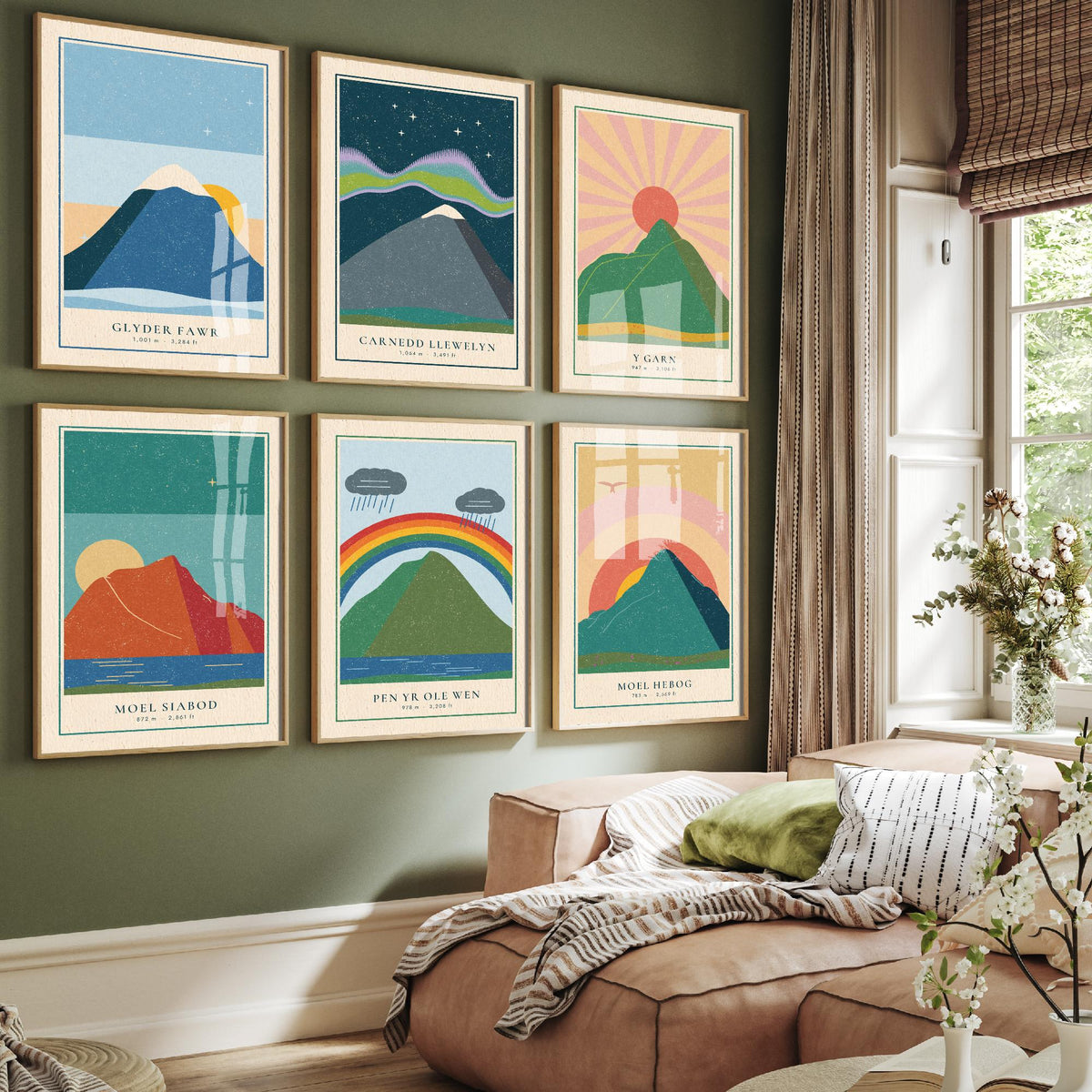 Set of Six Eryri Mountain Art Prints - 6 Welsh Linocut Illustration Posters - Glyder Fawr, Carnedd Llewelyn, Y Garn, Moel Siabod, Moel Hebog