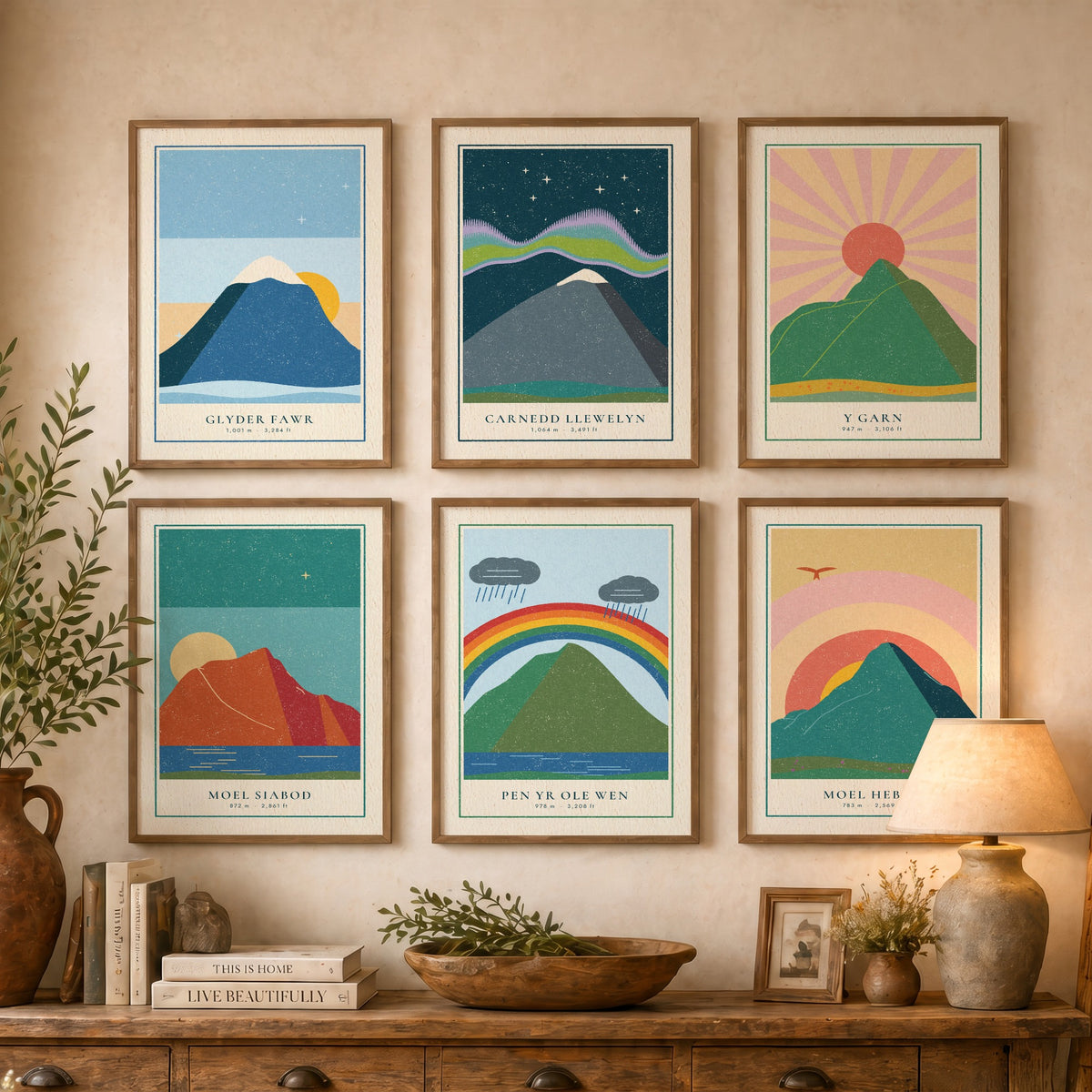 Set of Six Eryri Mountain Art Prints - 6 Welsh Linocut Illustration Posters - Glyder Fawr, Carnedd Llewelyn, Y Garn, Moel Siabod, Moel Hebog