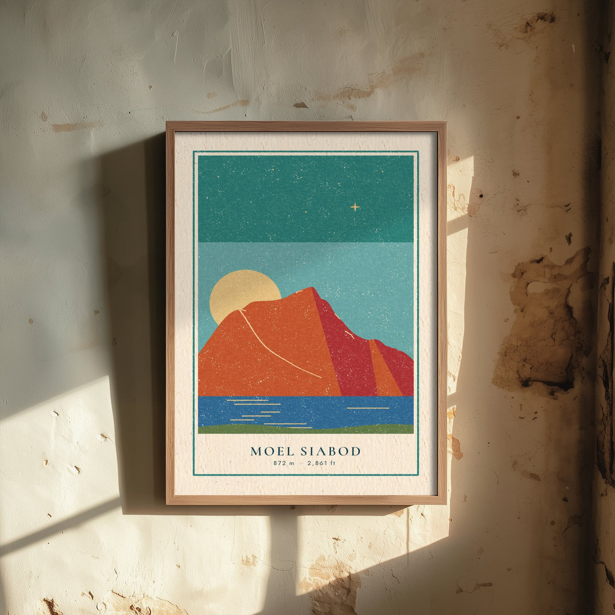Moel Siabod Art Print - Capel Curig Lake Poster - Red Mountain Linocut Style Illustration V2 1/3