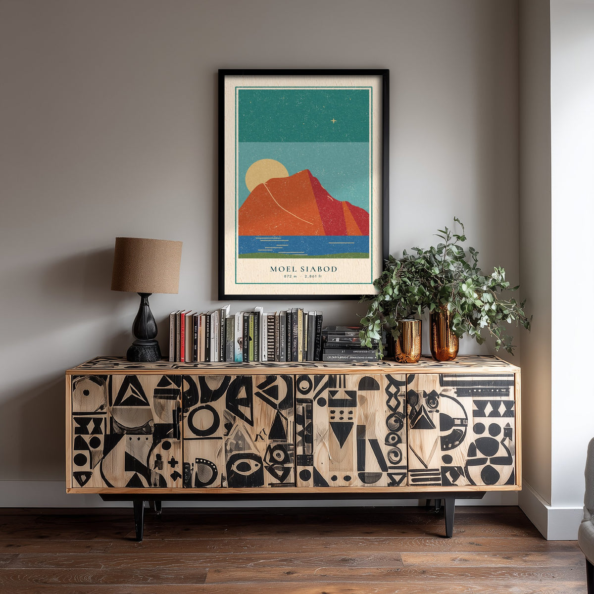 Moel Siabod Art Print - Capel Curig Lake Poster - Red Mountain Linocut Style Illustration V2 1/3