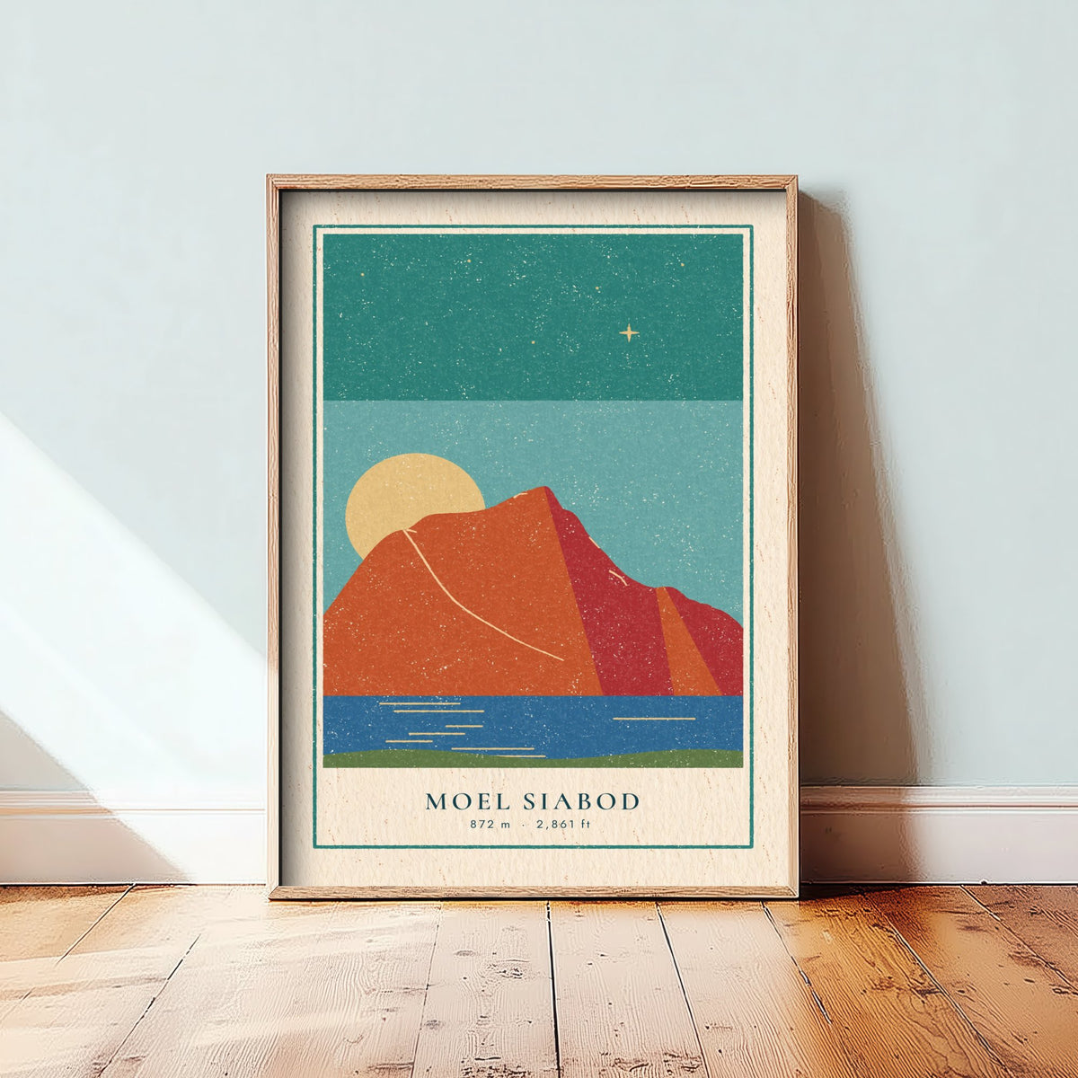 Moel Siabod Art Print - Capel Curig Lake Poster - Red Mountain Linocut Style Illustration V2 1/3