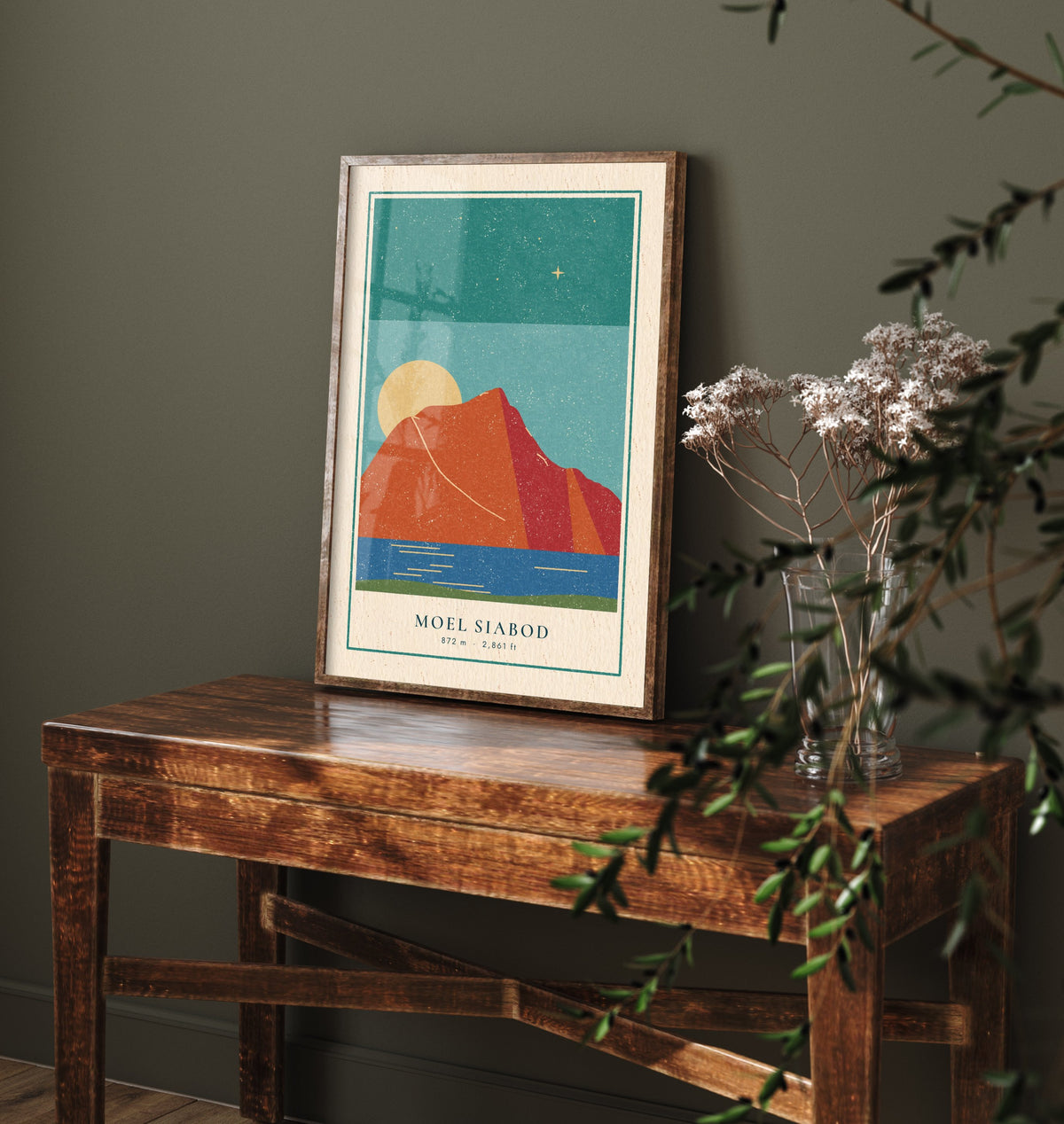 Moel Siabod Art Print - Capel Curig Lake Poster - Red Mountain Linocut Style Illustration V2 1/3