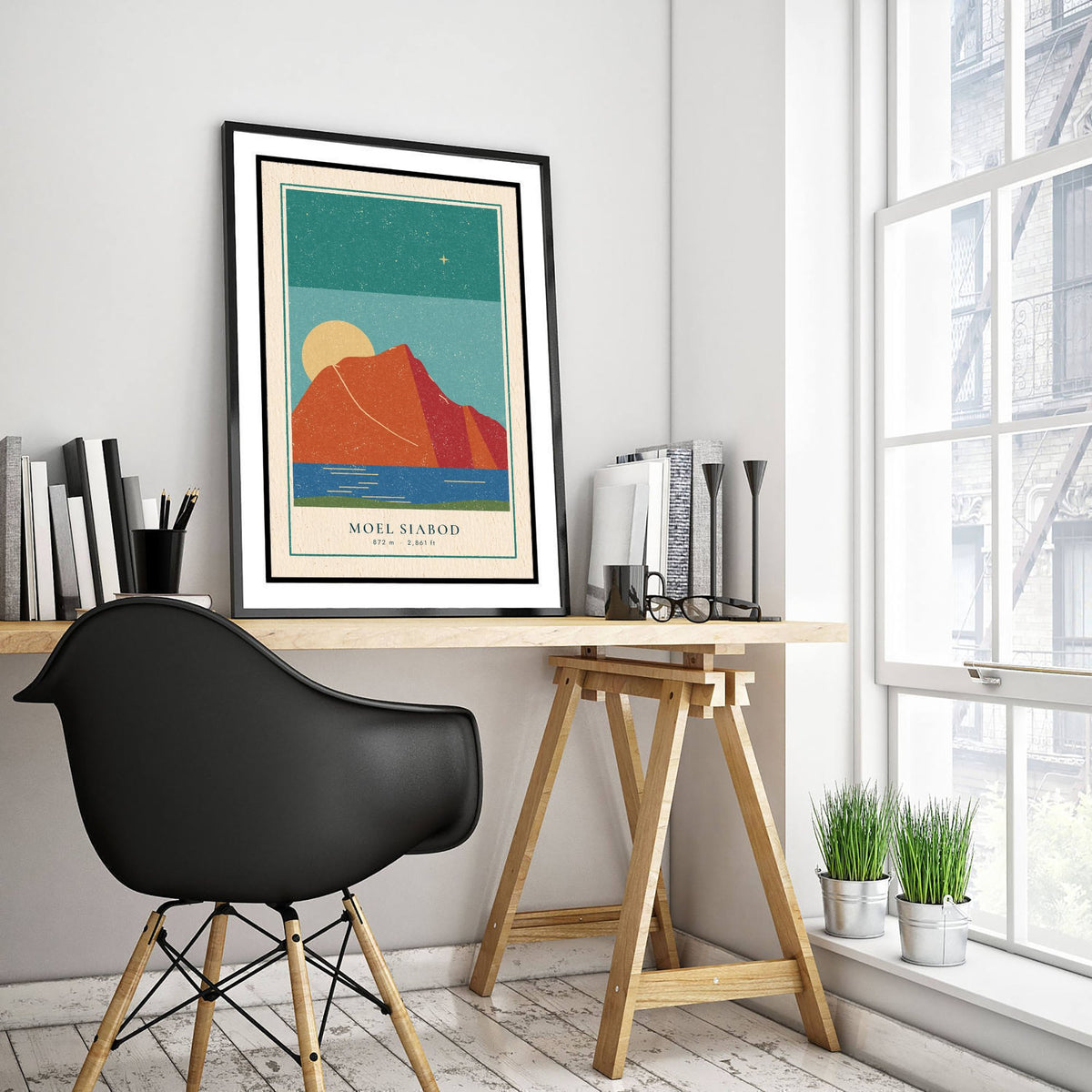 Moel Siabod Art Print - Capel Curig Lake Poster - Red Mountain Linocut Style Illustration V2 1/3