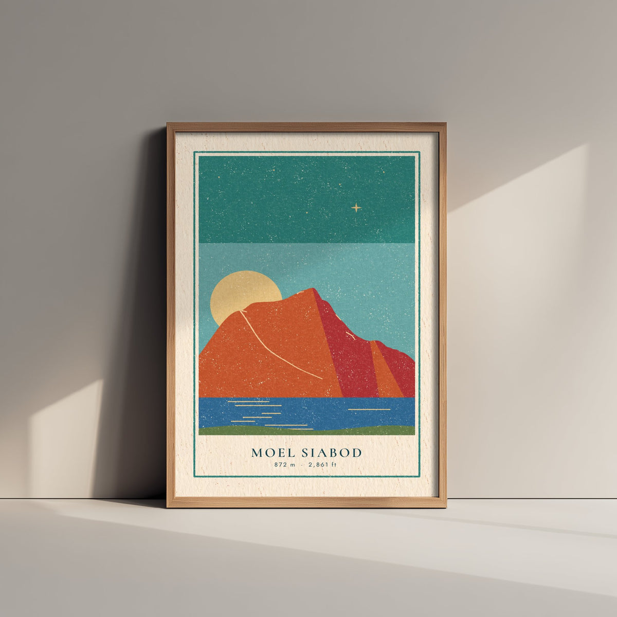 Moel Siabod Art Print - Capel Curig Lake Poster - Red Mountain Linocut Style Illustration V2 1/3