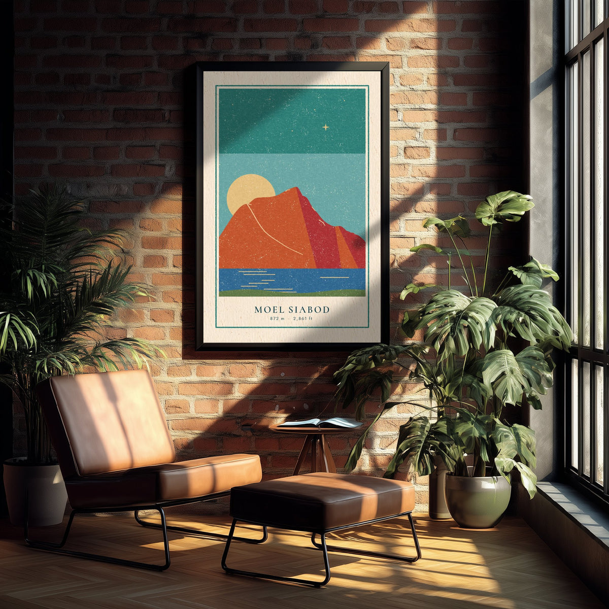 Moel Siabod Art Print - Capel Curig Lake Poster - Red Mountain Linocut Style Illustration V2 1/3