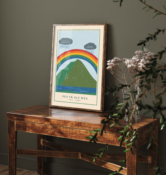 Pen yr Ole Wen Art Print - Rainbow and Rain Cloud Mountain Poster - Ogwen Retro Woodcut V2 2/3