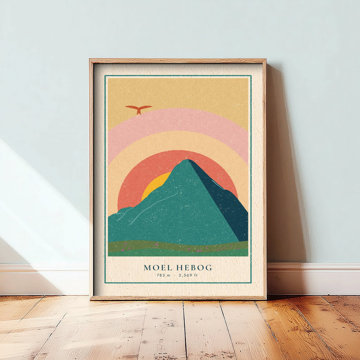 Moel Hebog Art Print - Beddgelert Red Kite Poster - Retro Sunset Mountain Woodcut V2 3/3