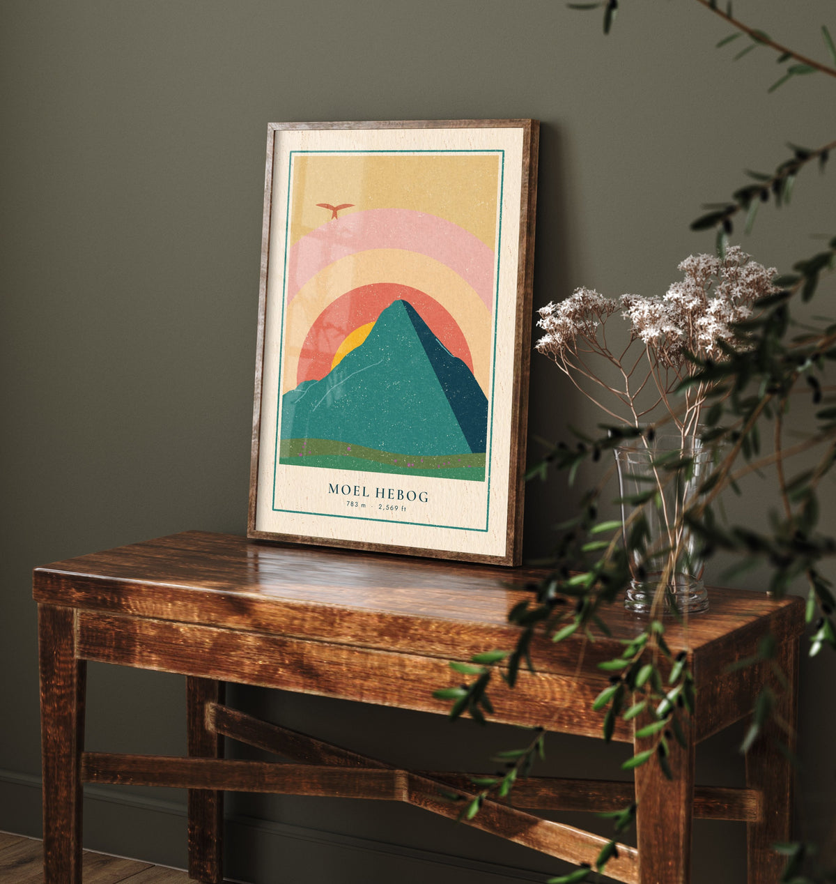 Moel Hebog Art Print - Beddgelert Red Kite Poster - Retro Sunset Mountain Woodcut V2 3/3