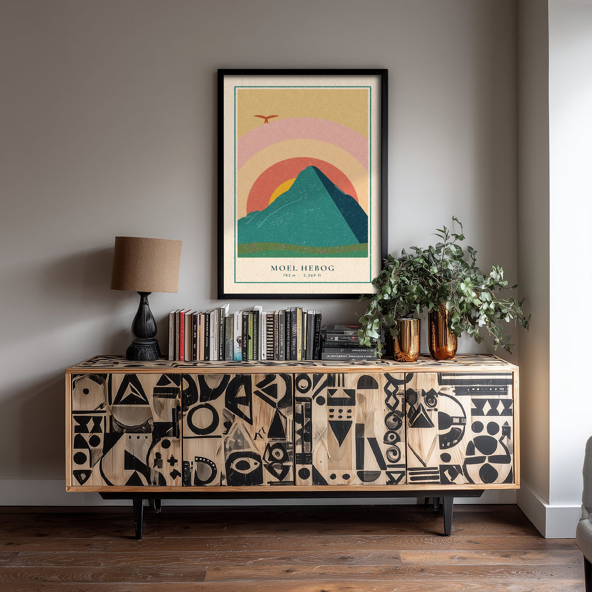 Moel Hebog Art Print - Beddgelert Red Kite Poster - Retro Sunset Mountain Woodcut V2 3/3