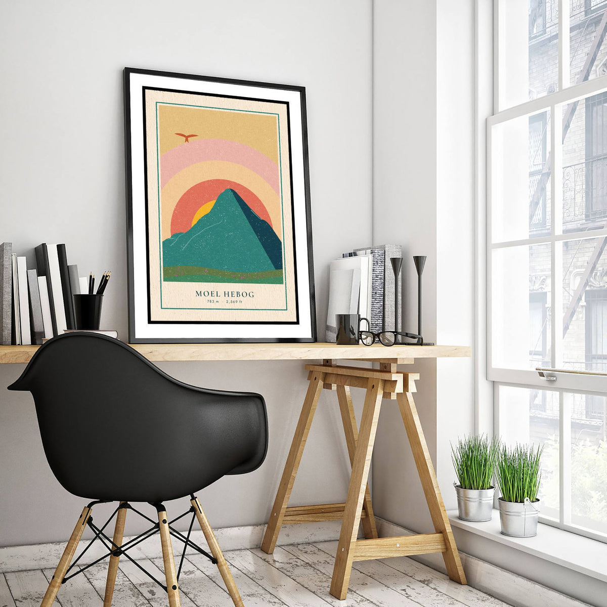 Moel Hebog Art Print - Beddgelert Red Kite Poster - Retro Sunset Mountain Woodcut V2 3/3