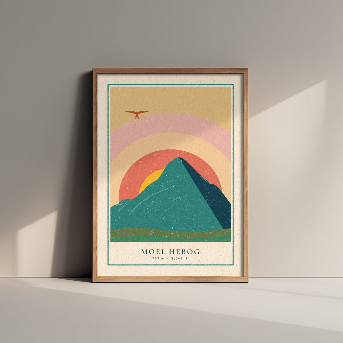 Moel Hebog Art Print - Beddgelert Red Kite Poster - Retro Sunset Mountain Woodcut V2 3/3