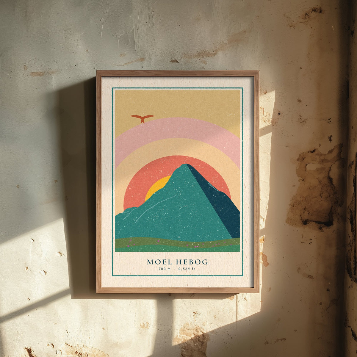 Moel Hebog Art Print - Beddgelert Red Kite Poster - Retro Sunset Mountain Woodcut V2 3/3