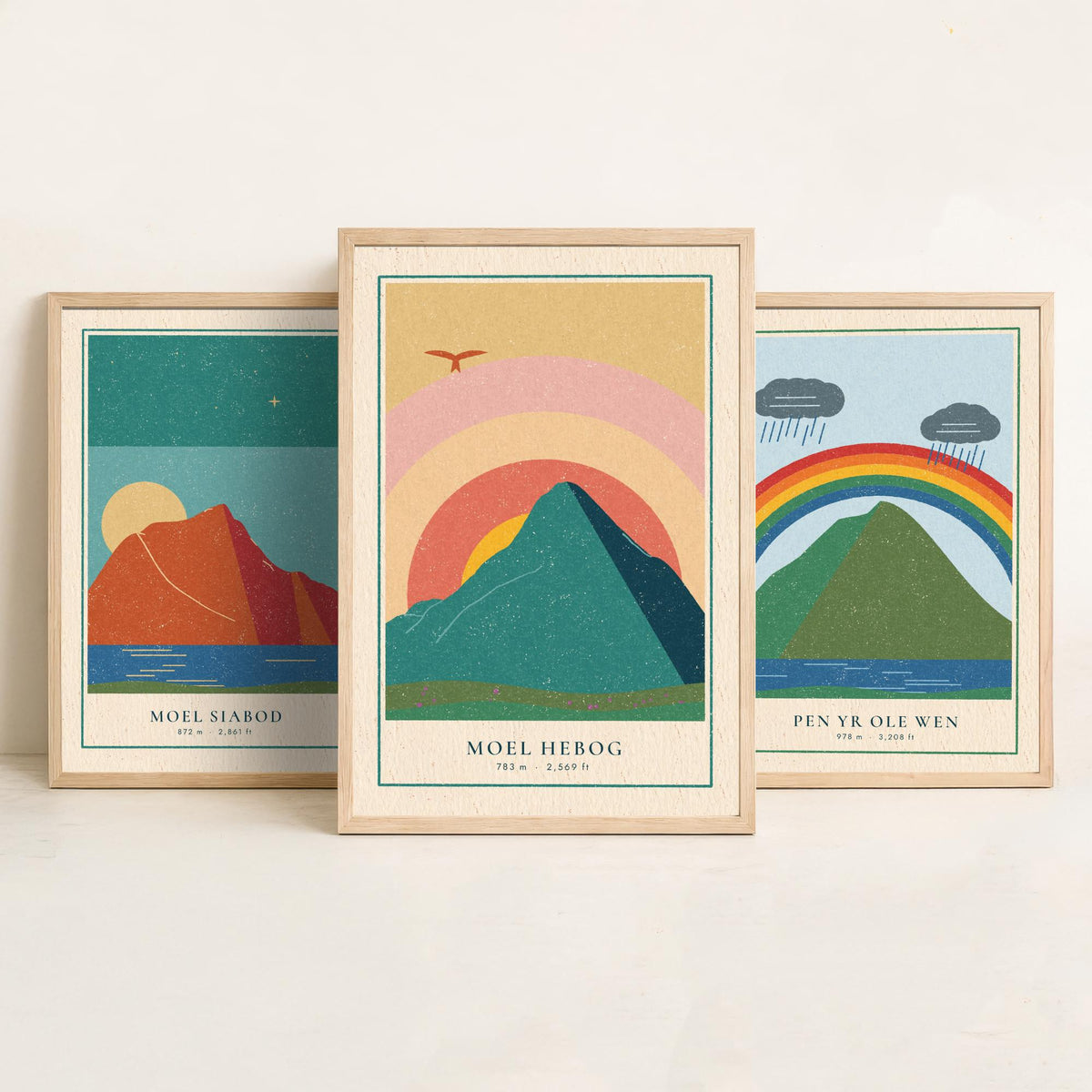 Eryri Mountain Set of Three Art Prints - Moel Siabod, Pen yr Ole Wen, Moel Hebog - Linocut Style Poster Illustration V2