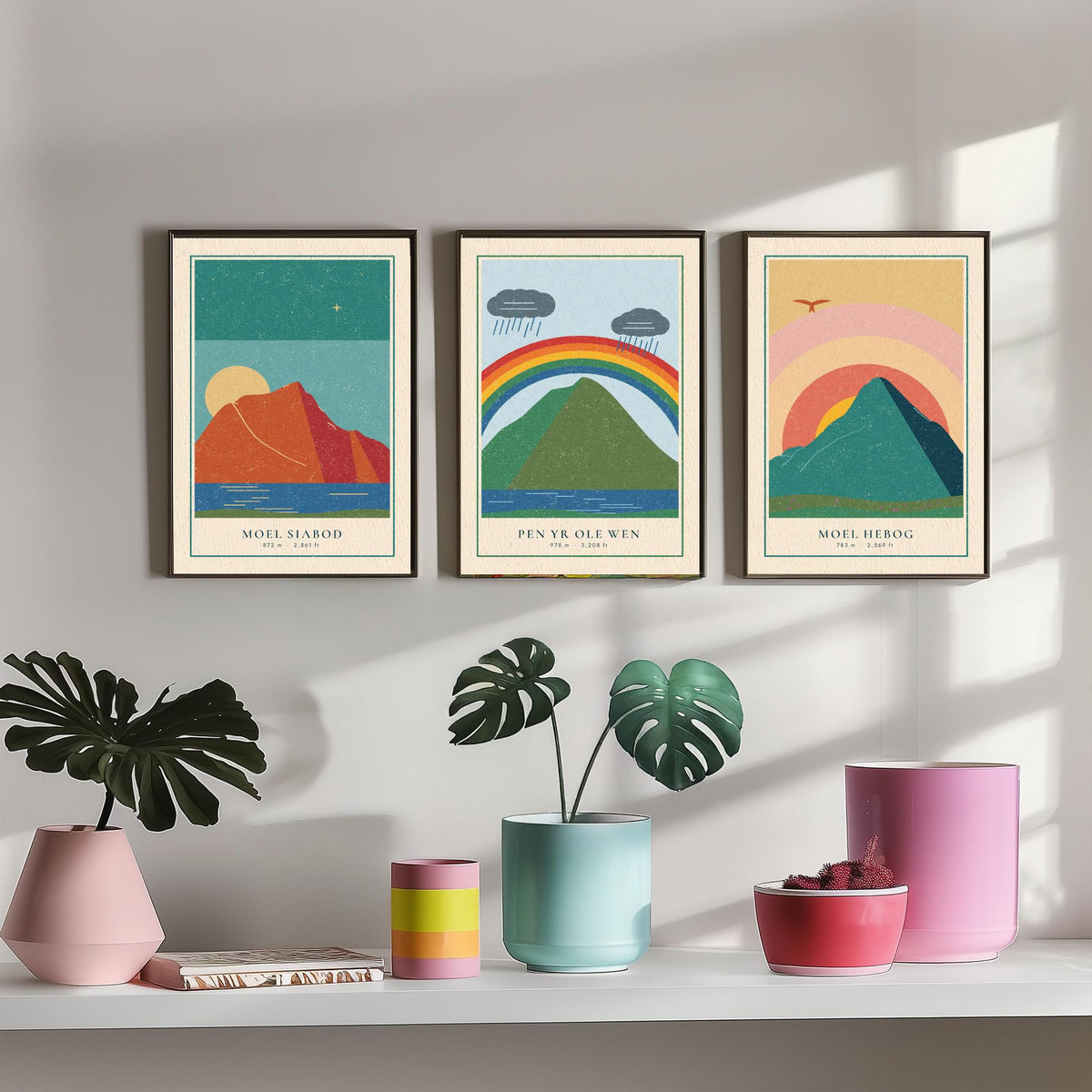 Eryri Mountain Set of Three Art Prints - Moel Siabod, Pen yr Ole Wen, Moel Hebog - Linocut Style Poster Illustration V2