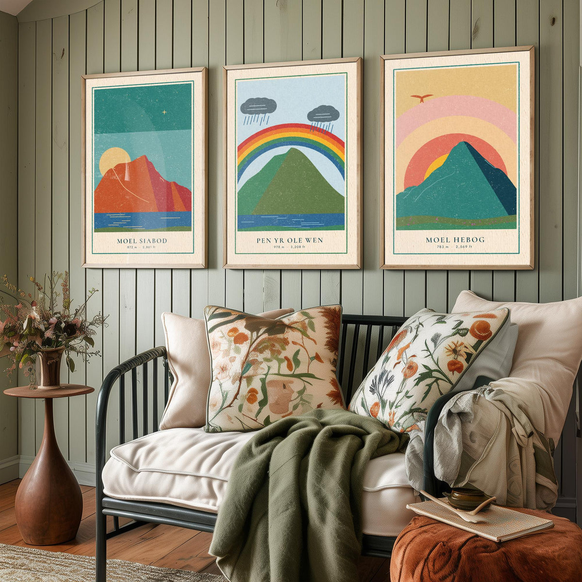 Eryri Mountain Set of Three Art Prints - Moel Siabod, Pen yr Ole Wen, Moel Hebog - Linocut Style Poster Illustration V2