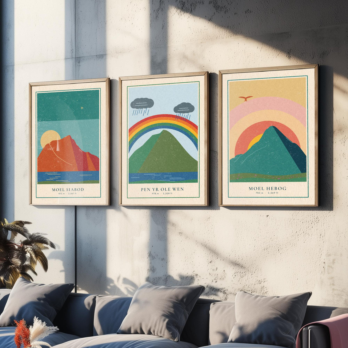 Eryri Mountain Set of Three Art Prints - Moel Siabod, Pen yr Ole Wen, Moel Hebog - Linocut Style Poster Illustration V2