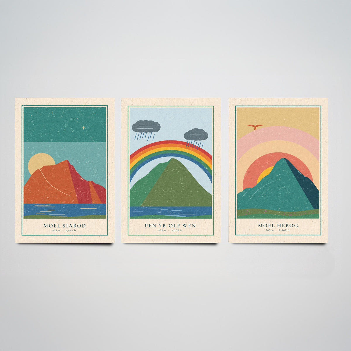 Eryri Mountain Set of Three Art Prints - Moel Siabod, Pen yr Ole Wen, Moel Hebog - Linocut Style Poster Illustration V2