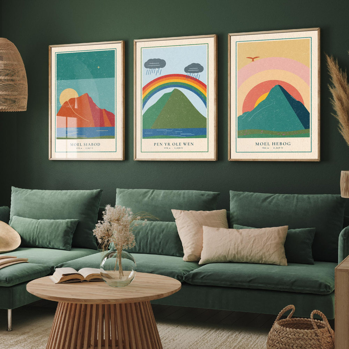 Eryri Mountain Set of Three Art Prints - Moel Siabod, Pen yr Ole Wen, Moel Hebog - Linocut Style Poster Illustration V2