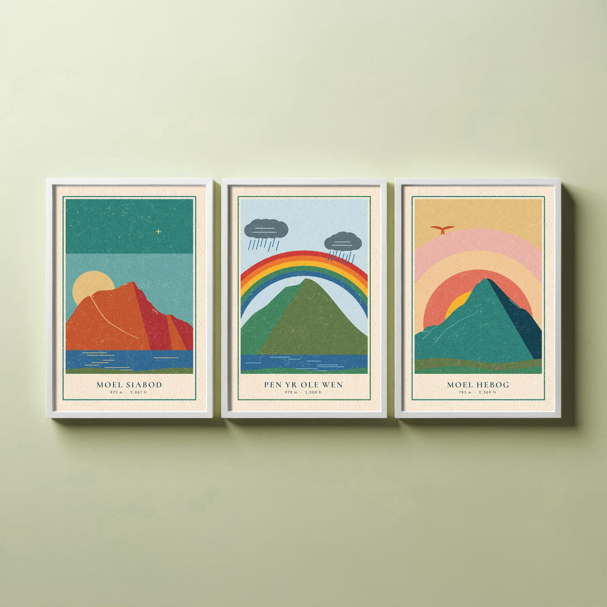 Eryri Mountain Set of Three Art Prints - Moel Siabod, Pen yr Ole Wen, Moel Hebog - Linocut Style Poster Illustration V2