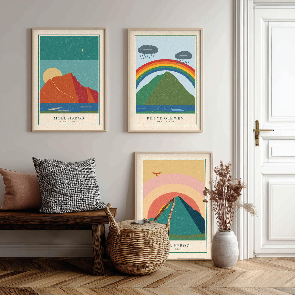 Eryri Mountain Set of Three Art Prints - Moel Siabod, Pen yr Ole Wen, Moel Hebog - Linocut Style Poster Illustration V2