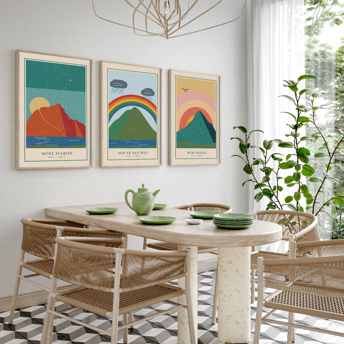 Eryri Mountain Set of Three Art Prints - Moel Siabod, Pen yr Ole Wen, Moel Hebog - Linocut Style Poster Illustration V2