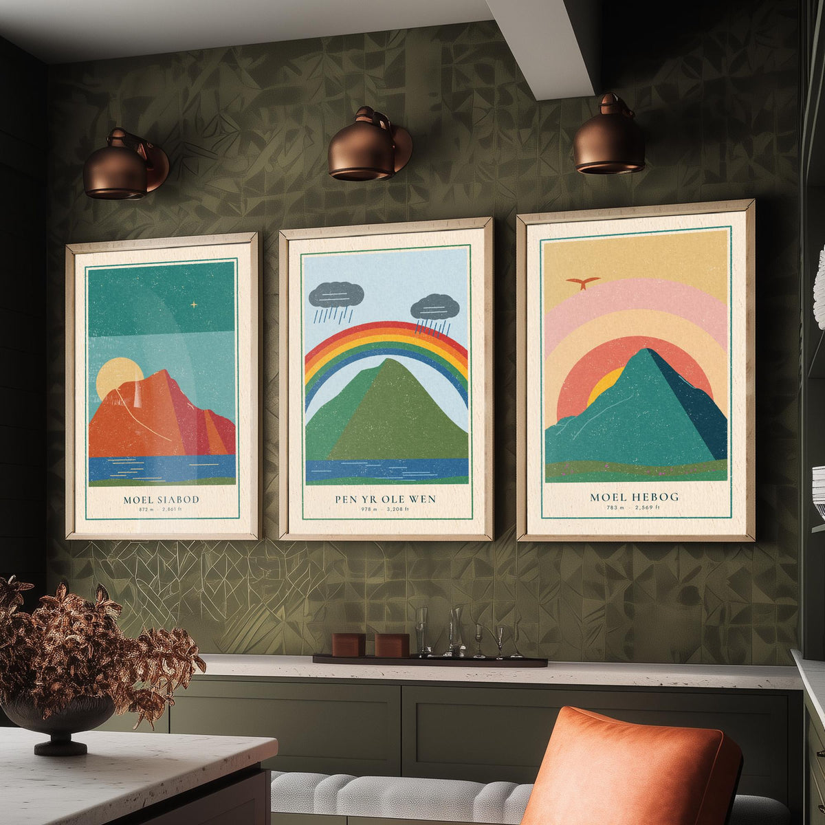 Eryri Mountain Set of Three Art Prints - Moel Siabod, Pen yr Ole Wen, Moel Hebog - Linocut Style Poster Illustration V2