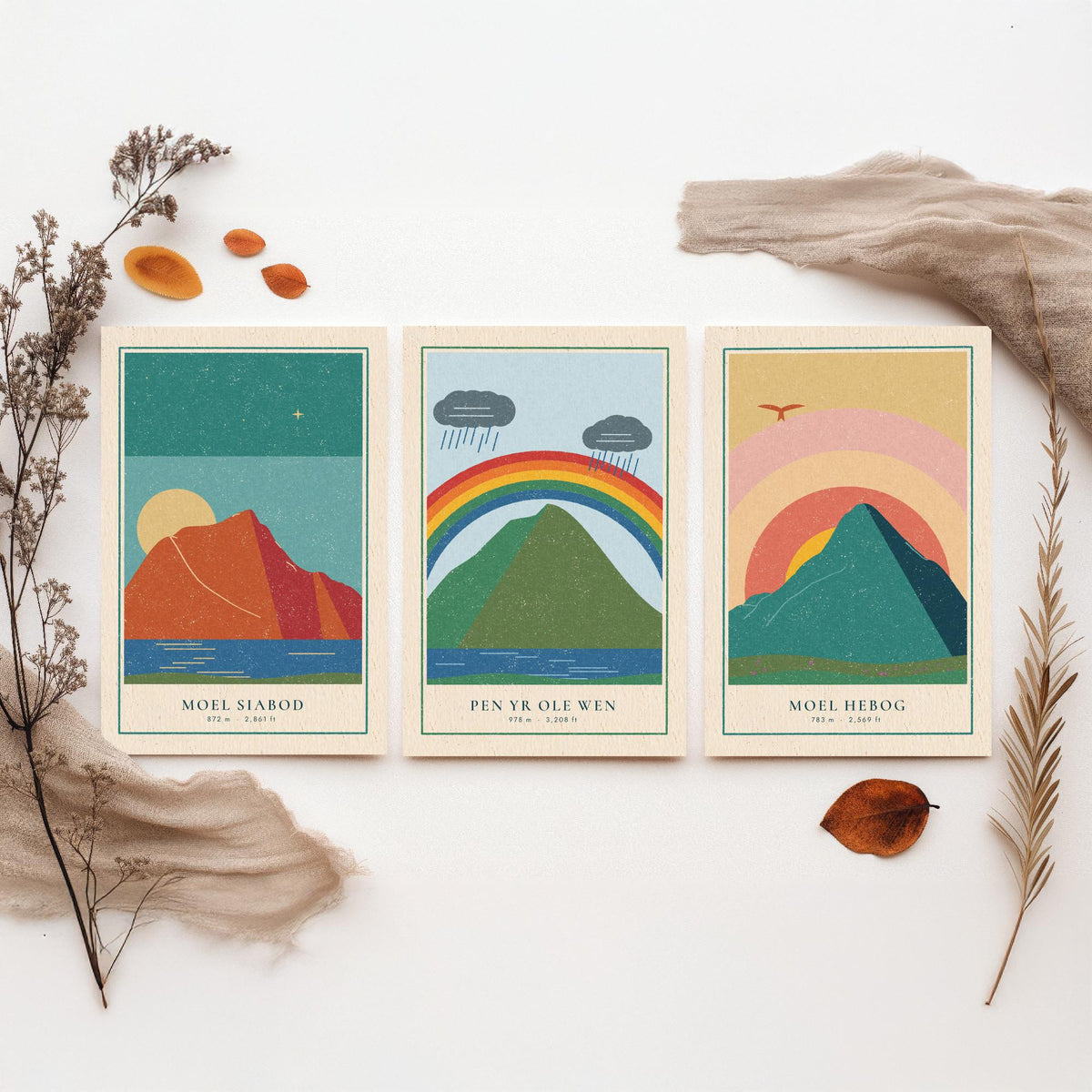 Eryri Mountain Set of Three Art Prints - Moel Siabod, Pen yr Ole Wen, Moel Hebog - Linocut Style Poster Illustration V2