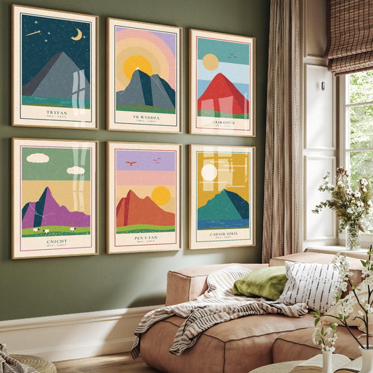 Set of Six Welsh Mountain Art Prints - 6 Linocut Illustration Posters - Tryfan, Yr Wyddfa, Crib Goch, Cnicht, Pen y Fan, Cadair Idris