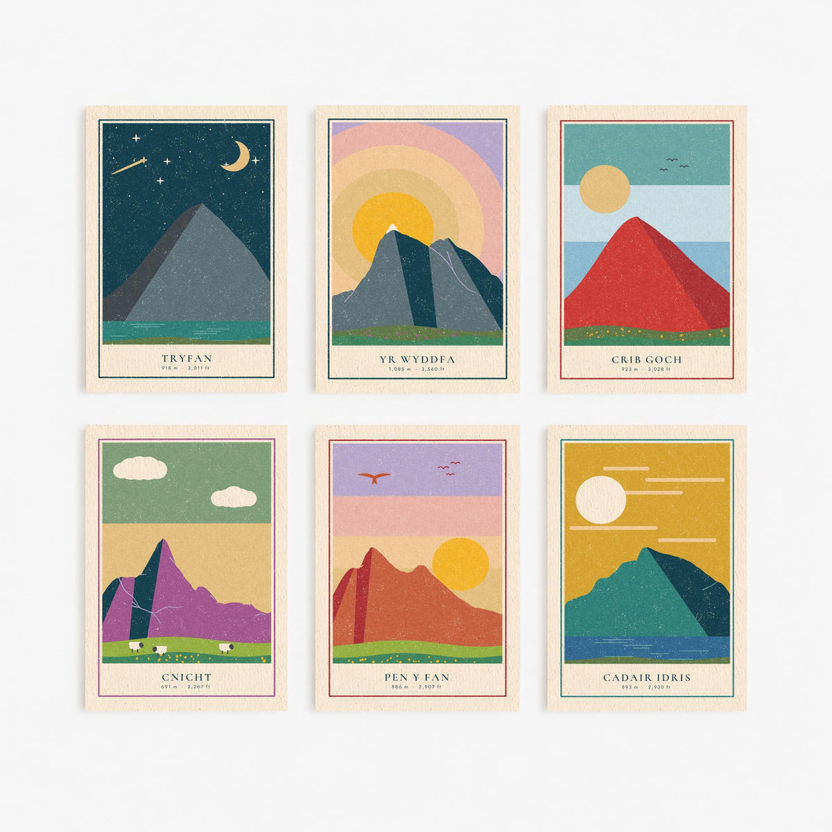 Set of Six Welsh Mountain Art Prints - 6 Linocut Illustration Posters - Tryfan, Yr Wyddfa, Crib Goch, Cnicht, Pen y Fan, Cadair Idris