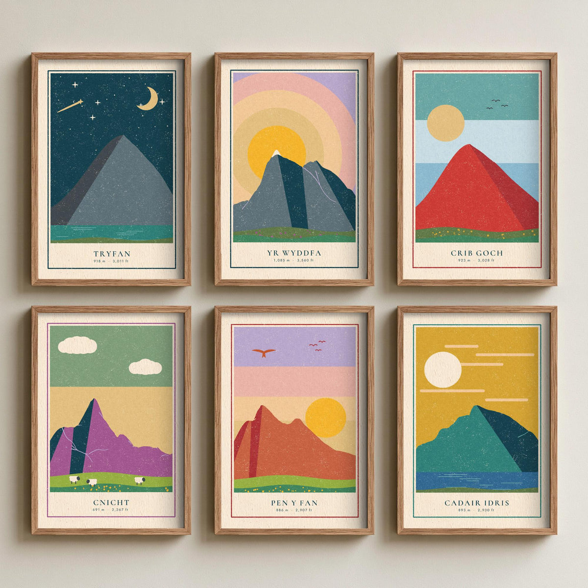 Set of Six Welsh Mountain Art Prints - 6 Linocut Illustration Posters - Tryfan, Yr Wyddfa, Crib Goch, Cnicht, Pen y Fan, Cadair Idris
