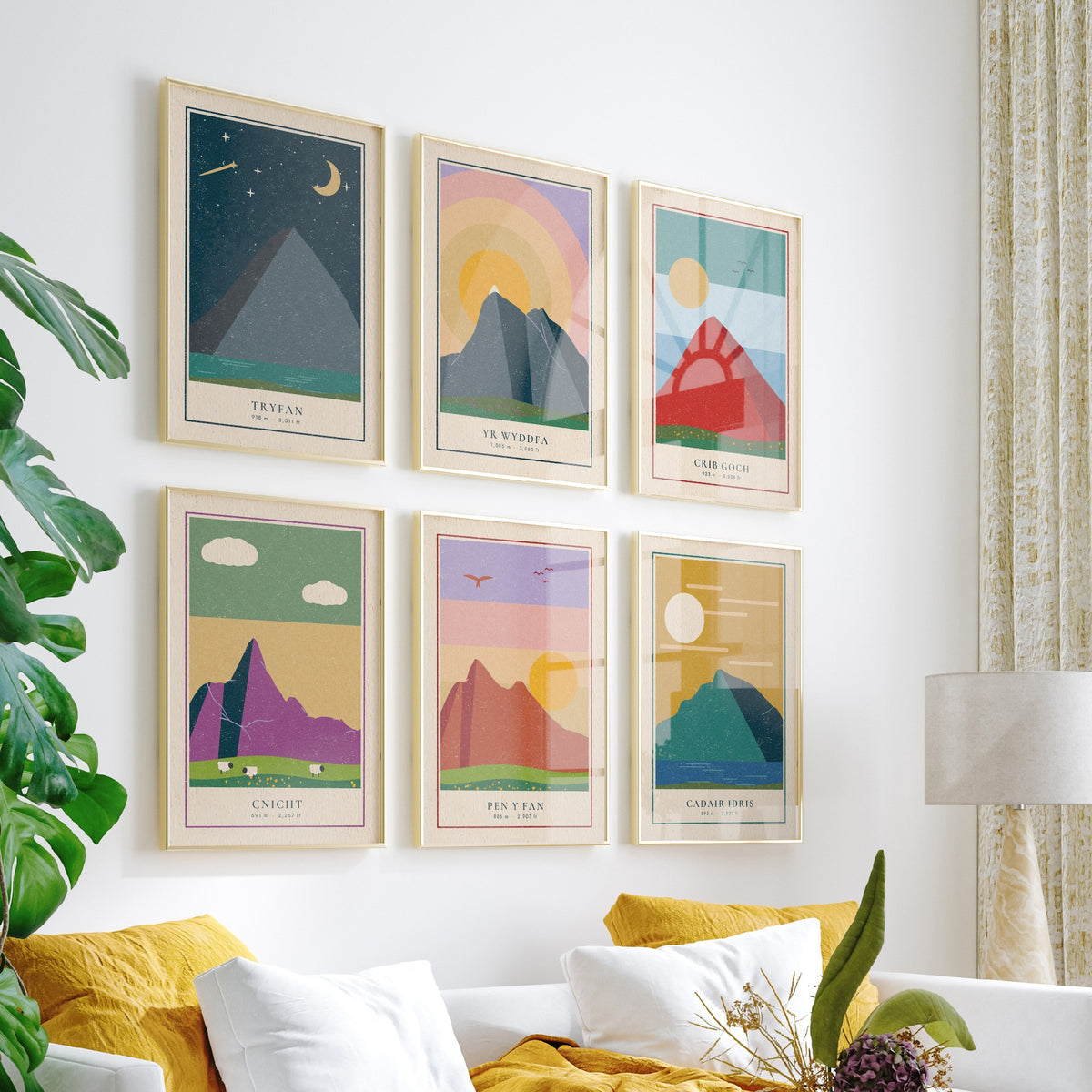 Set of Six Welsh Mountain Art Prints - 6 Linocut Illustration Posters - Tryfan, Yr Wyddfa, Crib Goch, Cnicht, Pen y Fan, Cadair Idris