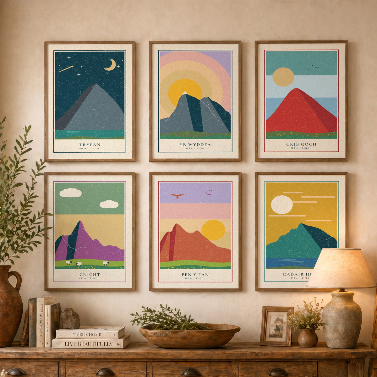 Set of Six Welsh Mountain Art Prints - 6 Linocut Illustration Posters - Tryfan, Yr Wyddfa, Crib Goch, Cnicht, Pen y Fan, Cadair Idris