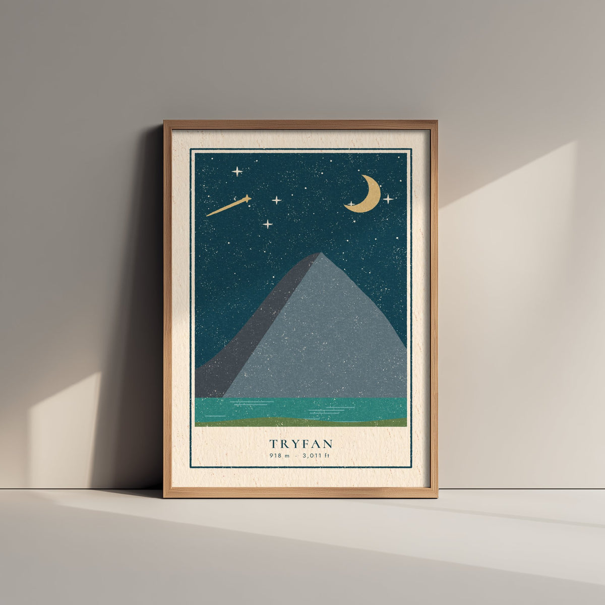 Tryfan Art Print - Shooting Star and Crescent Moon Poster - Welsh Mountain Night Woodcut V1 1/3